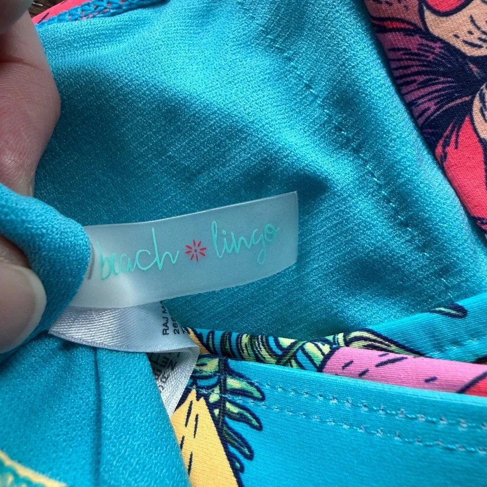 Beach Lingo Girls Tropical Floral High Neck Crossback Bikini Top Teal Pink Sz 12